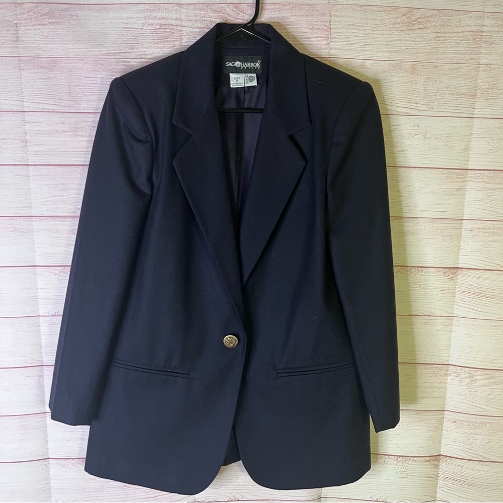 Sag Harbor 100% Pure New Wool Navy Blue Single Breasted Blazer Size‎ 8